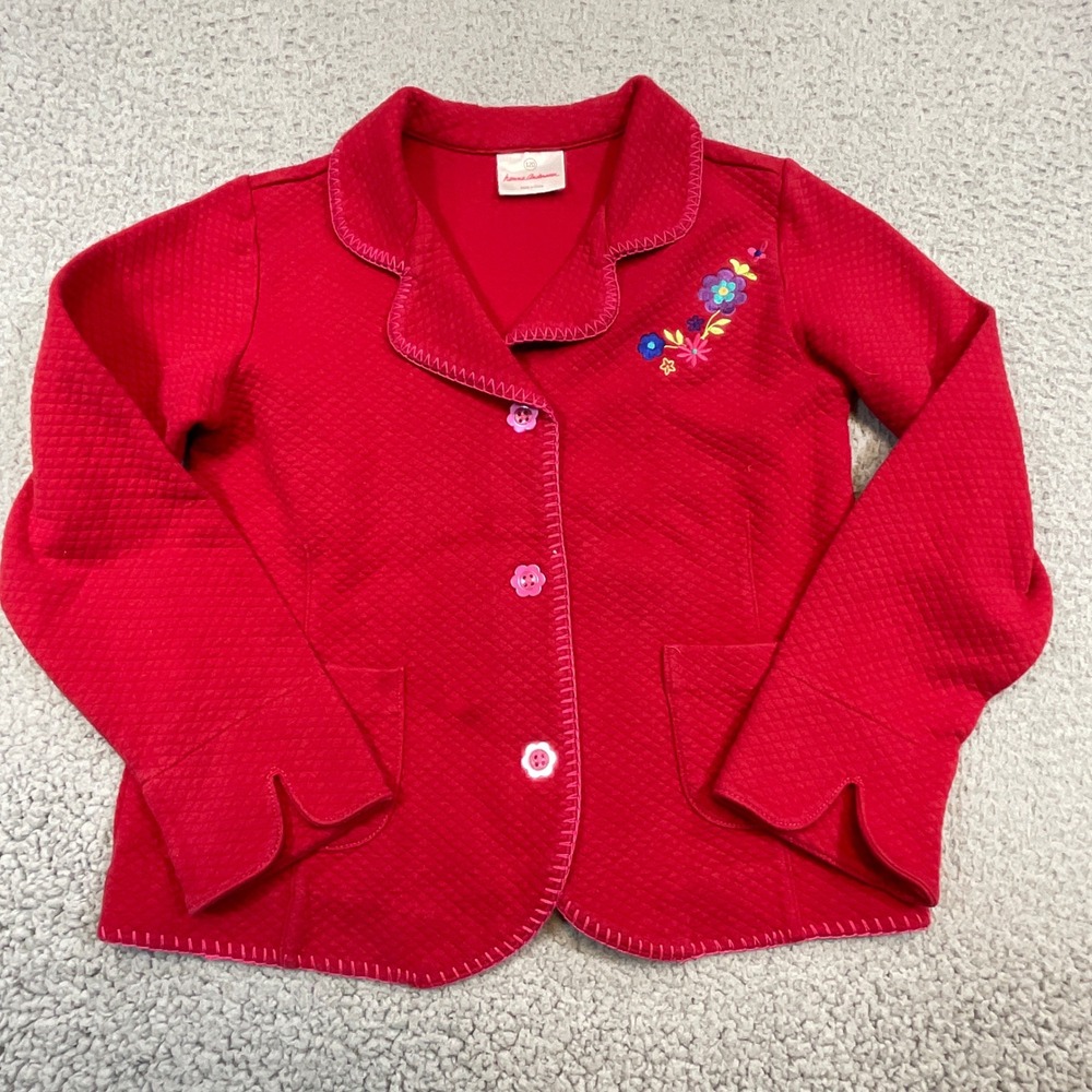 Hanna Andersson Quilted Blazer Kids 120 Red Excellent Floral Embroidered Jacket
